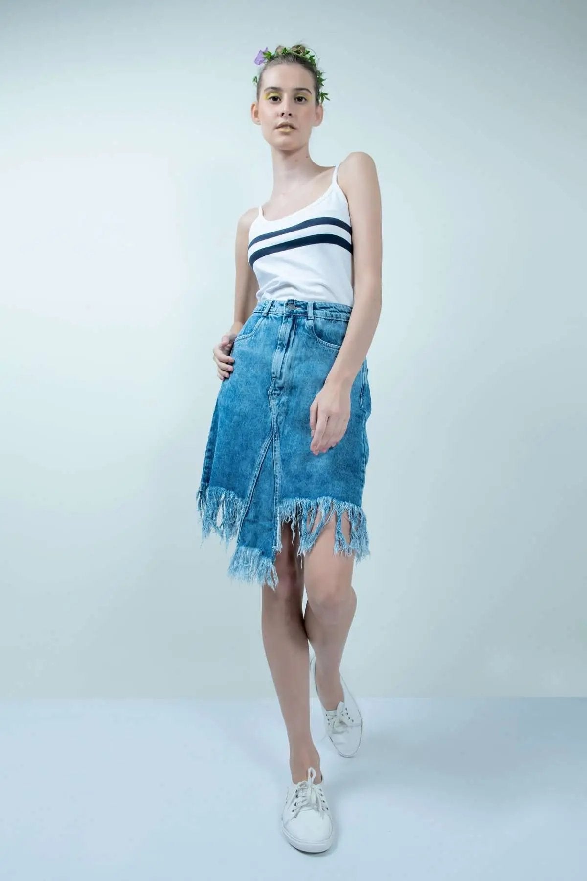 Eco Washed Smokey Blue Denim Skirt With Uneven Hem