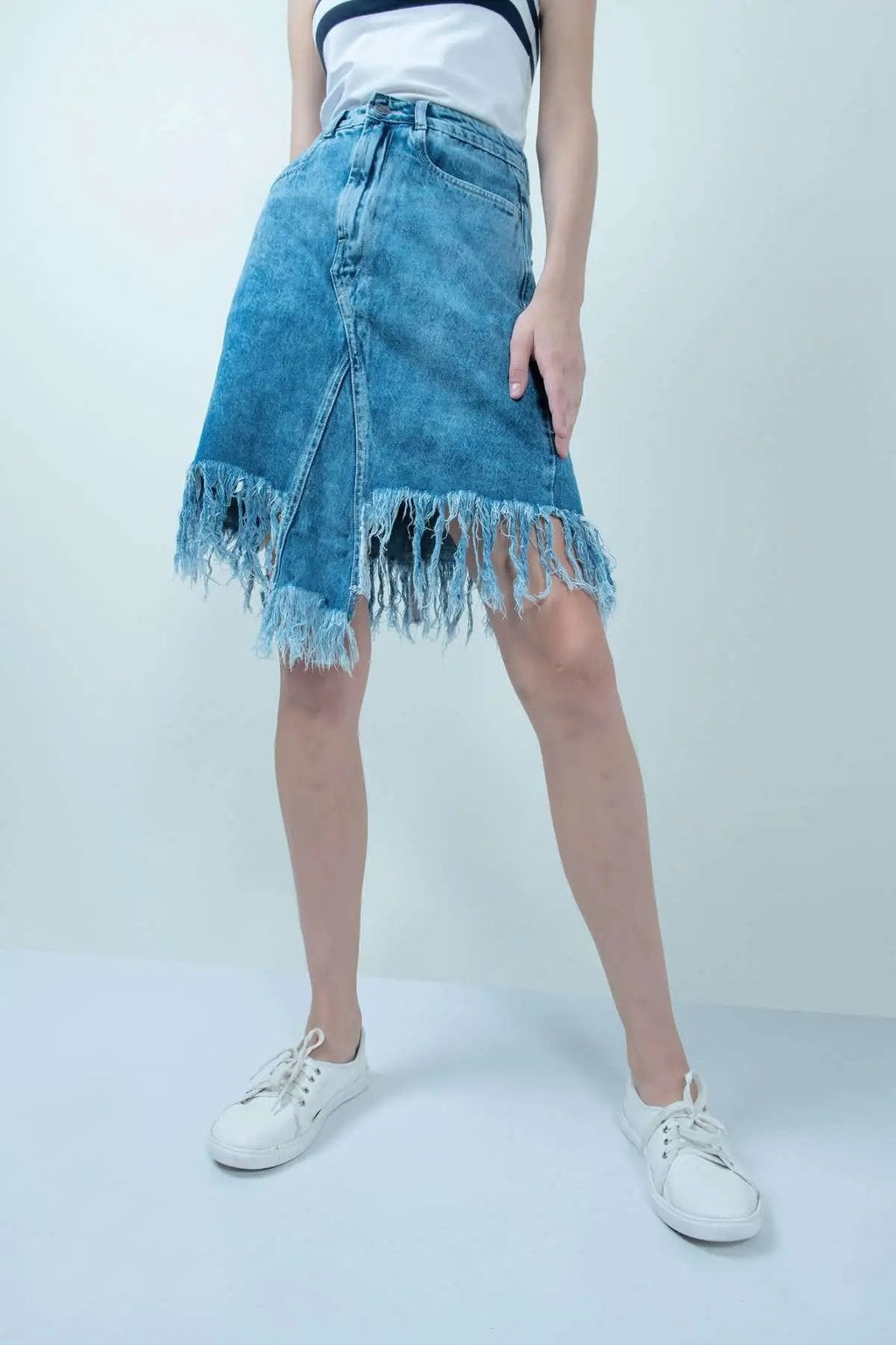 Eco Washed Smokey Blue Denim Skirt With Uneven Hem