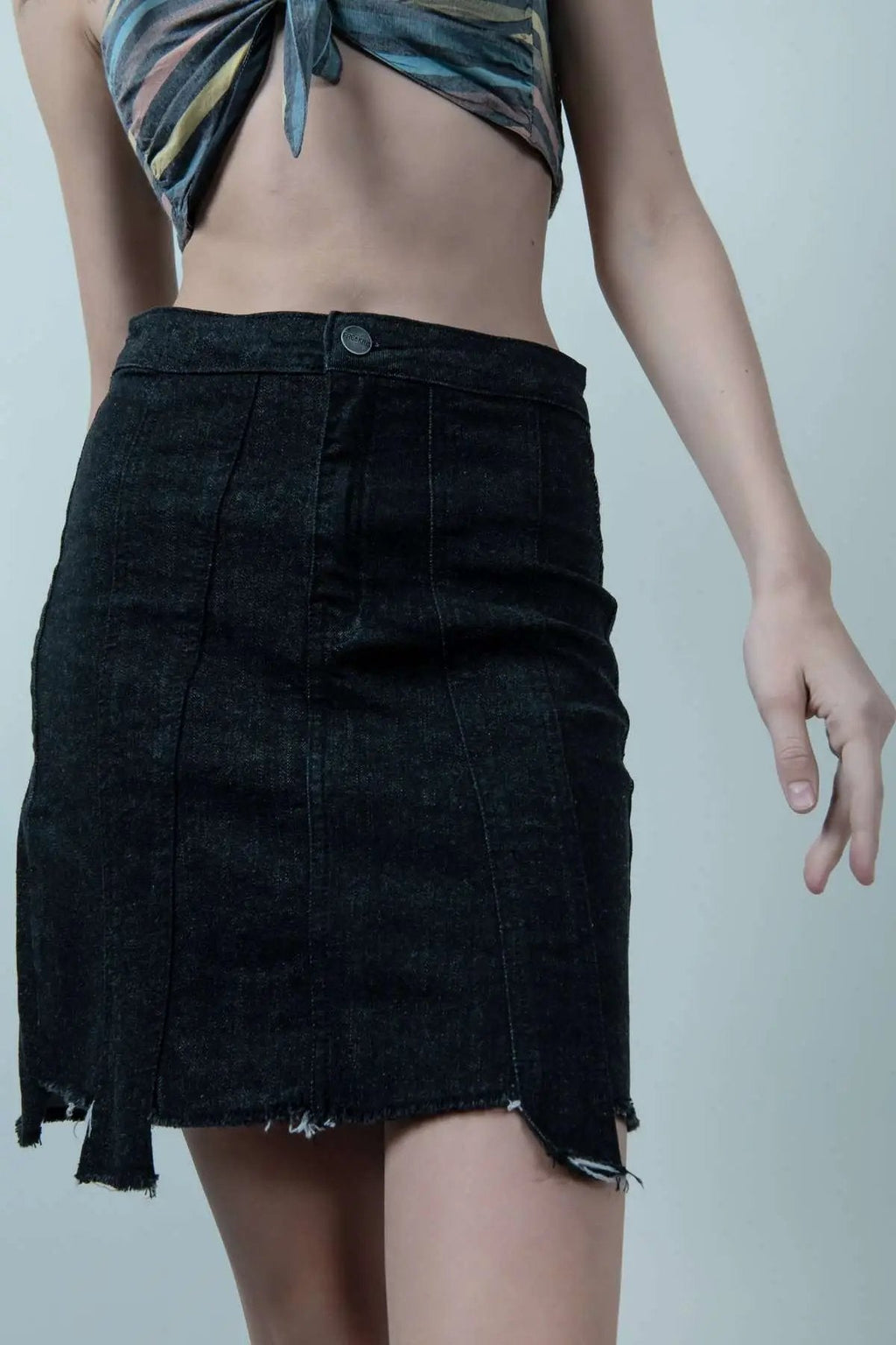 Eco Washed Black Denim Skirt With Uneven Hem