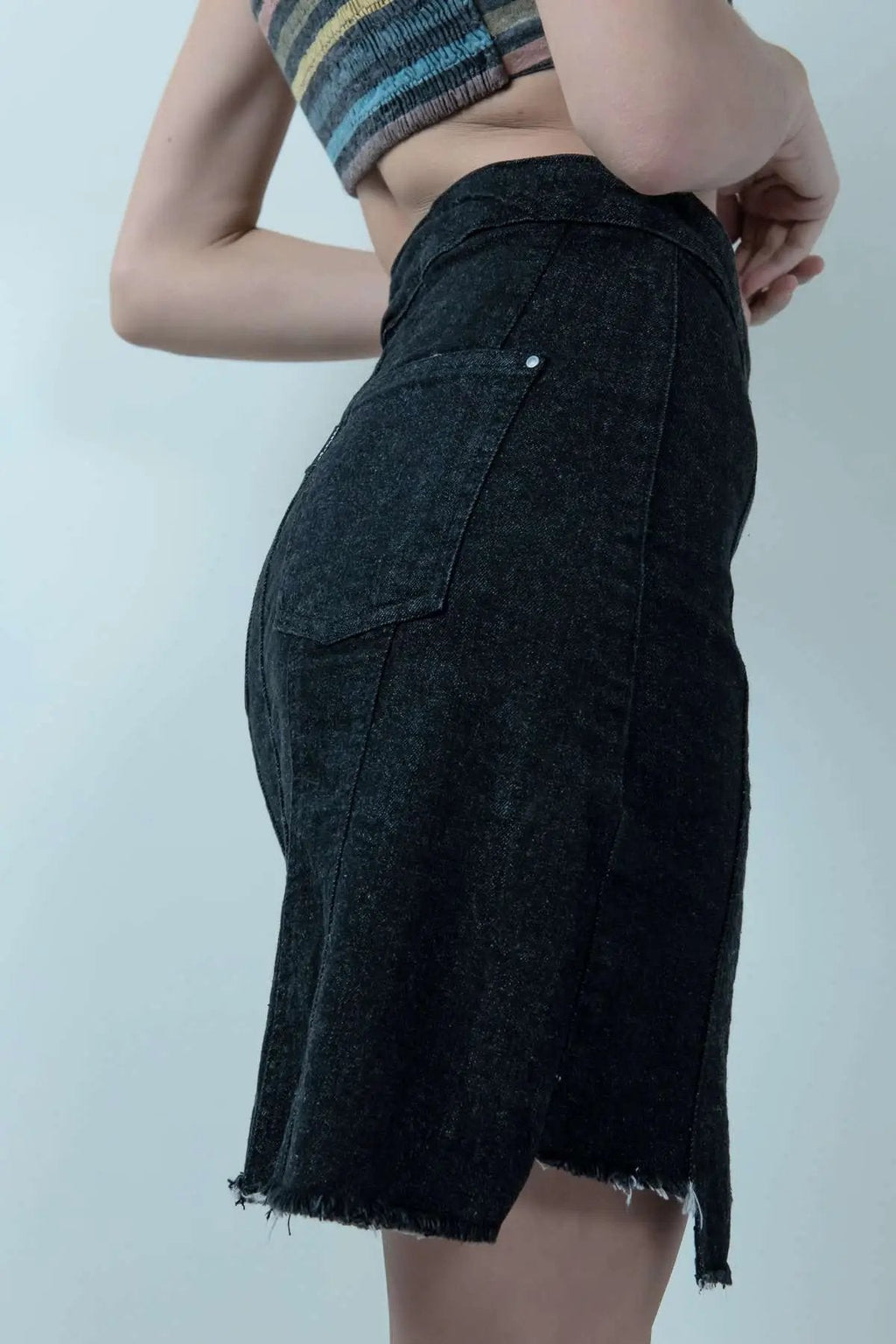 Eco Washed Black Denim Skirt With Uneven Hem