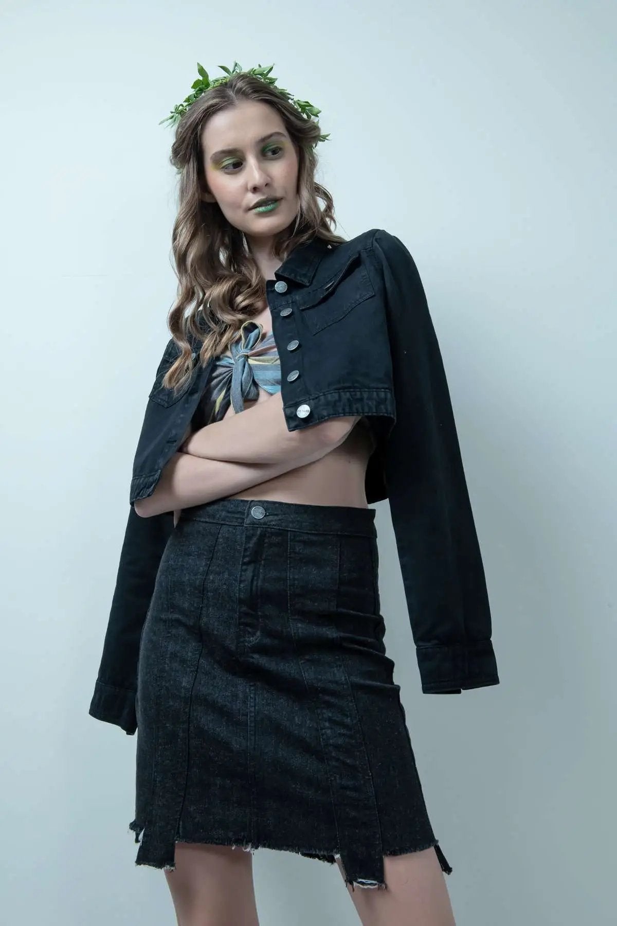 Eco Washed Black Denim Skirt With Uneven Hem