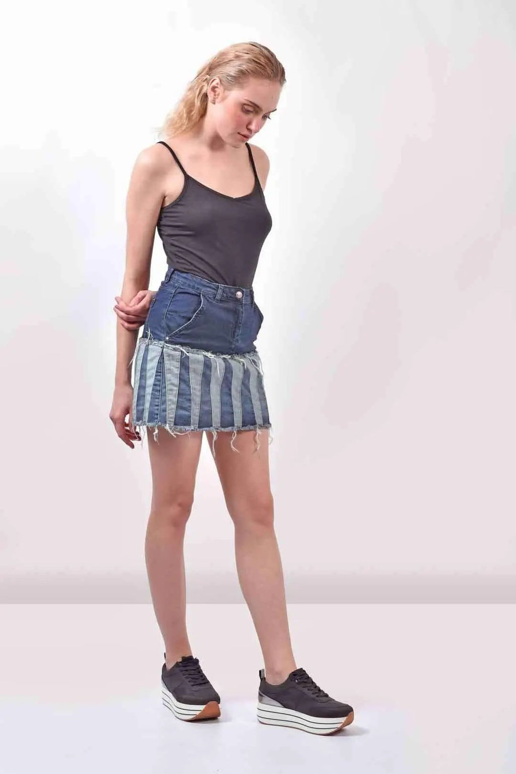 Paneled Denim Dark Blue Skirt