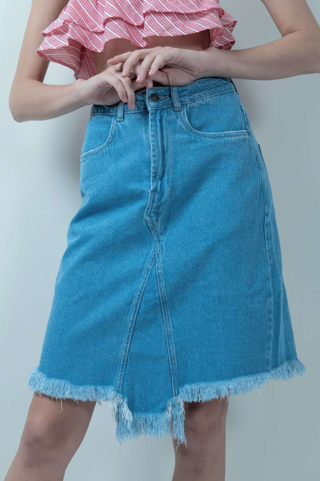 Eco Washed Blue Denim Skirt With Uneven Hem