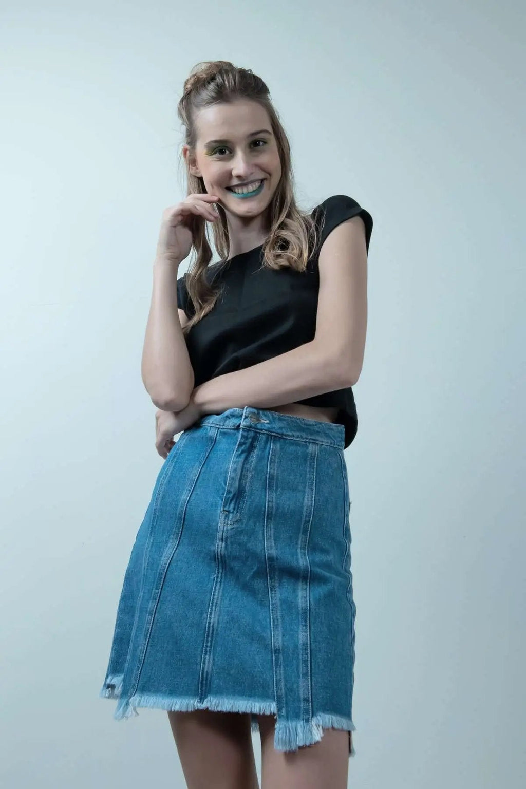Eco Washed Light Blue Denim Skirt With Uneven Hem