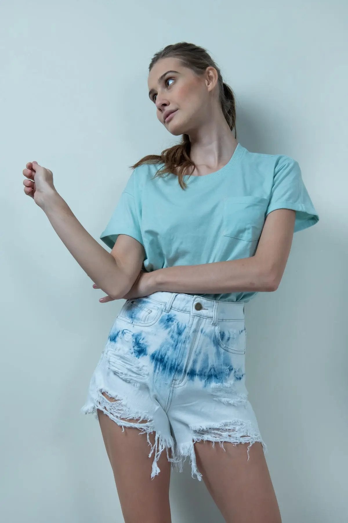 Tie-Dye White-Blue Denim Distressed Hot Shorts