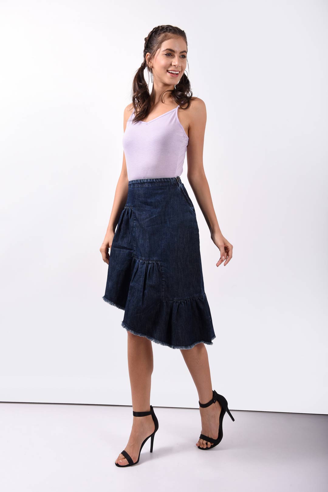 Pleated Asymmetrical Denim Skirt