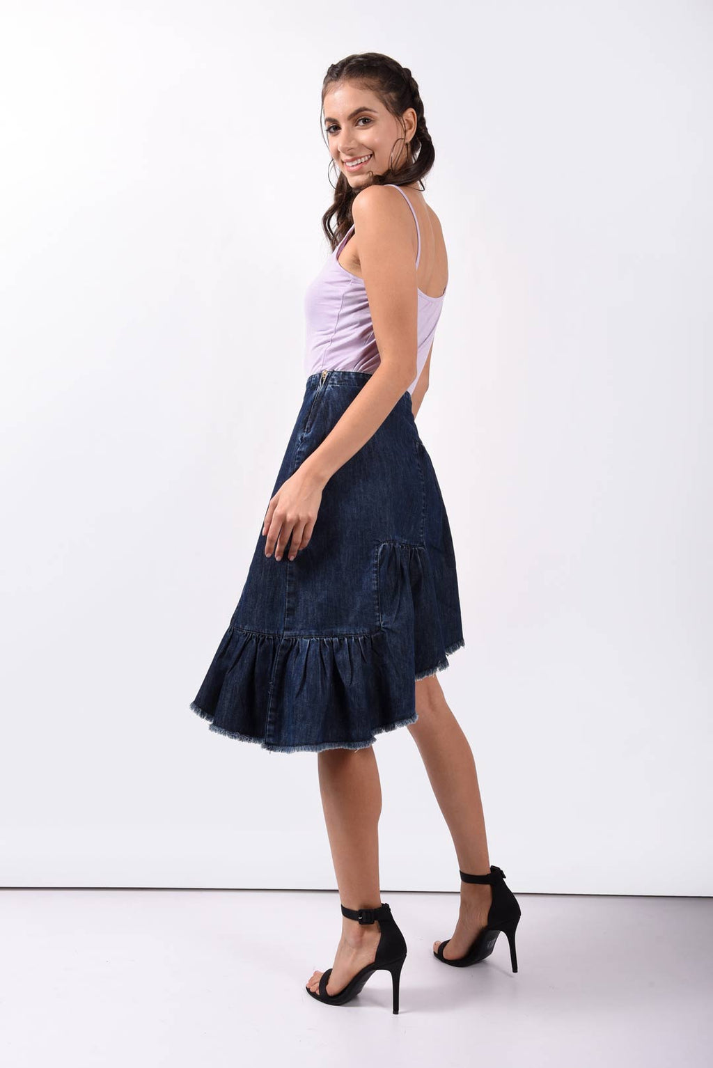 Pleated Asymmetrical Denim Skirt