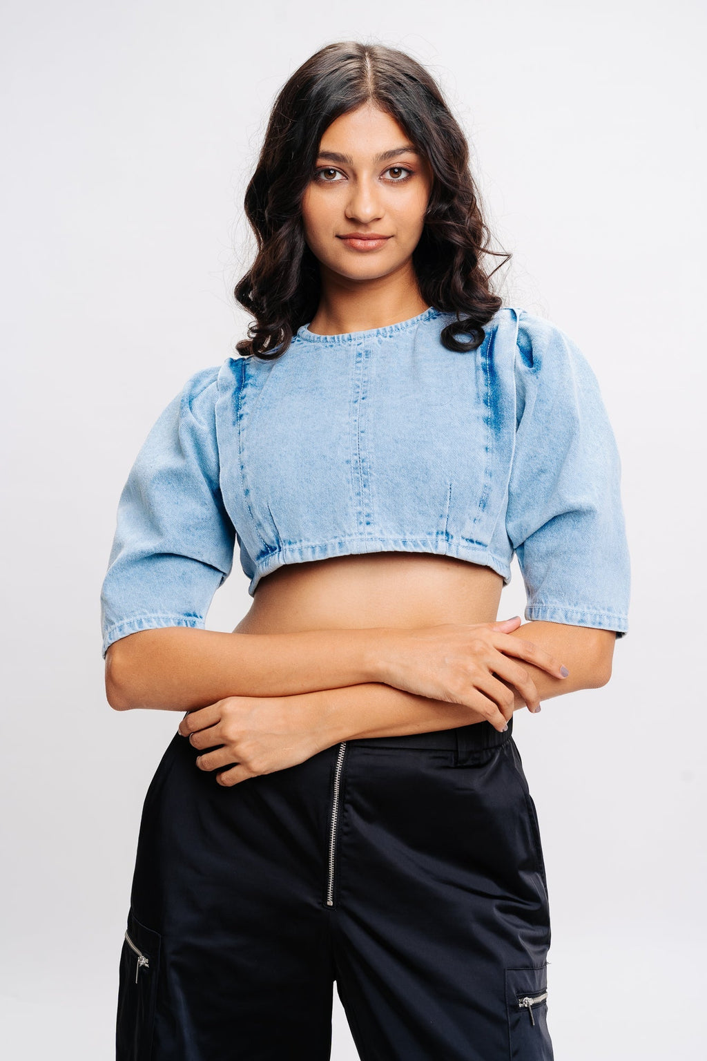 Drama Sleeves Indigo Denim Top