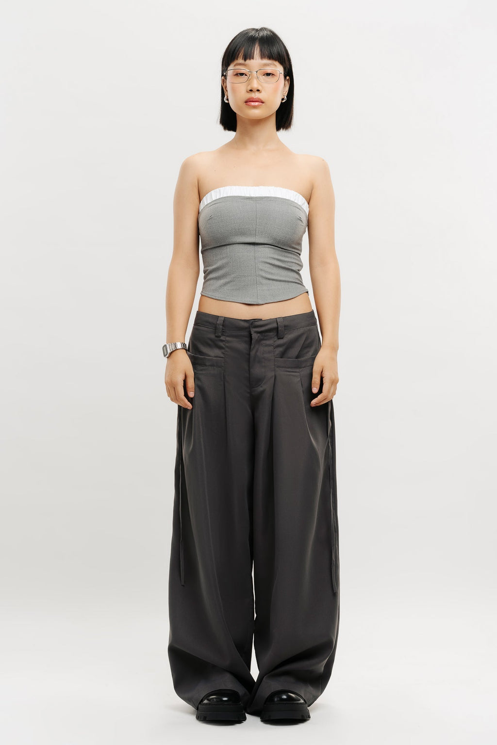 Grey Muave Front Pleated Pants