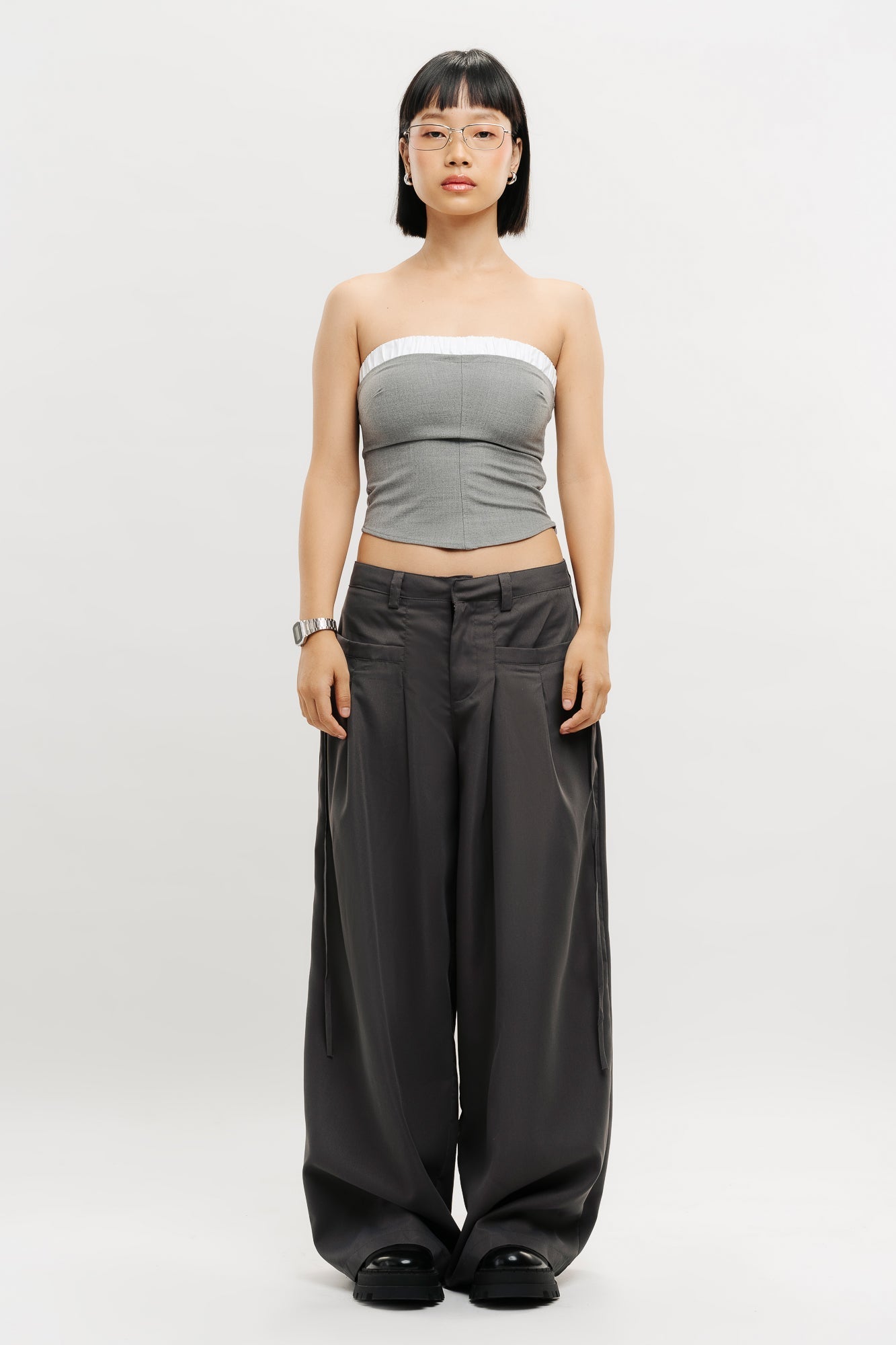 Grey Muave Front Pleated Pants