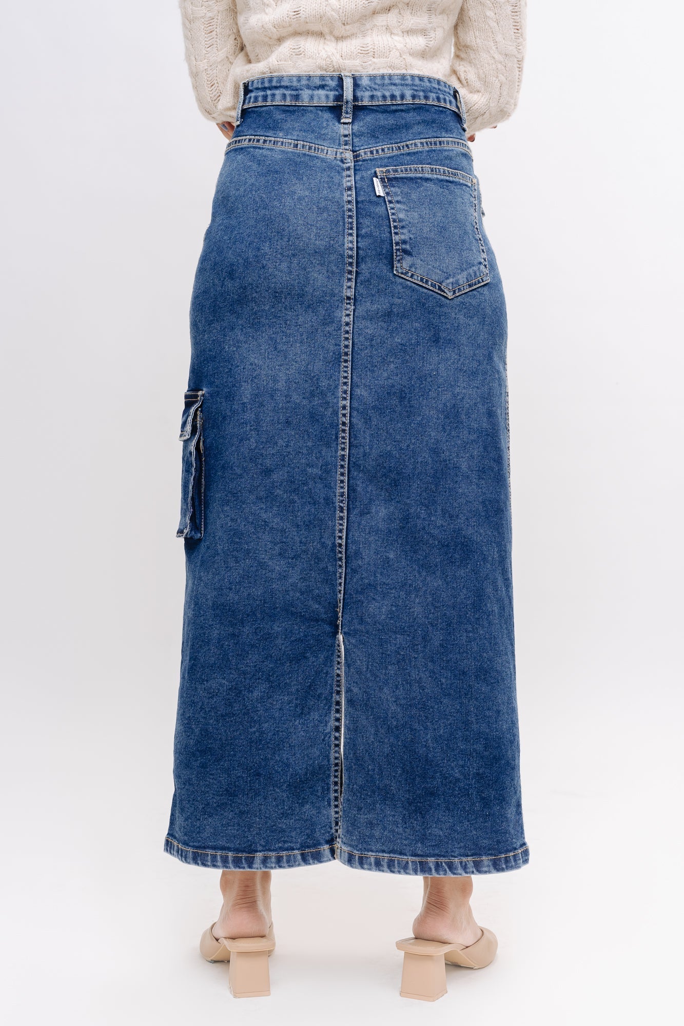 Denim Cargo Midi Skirt