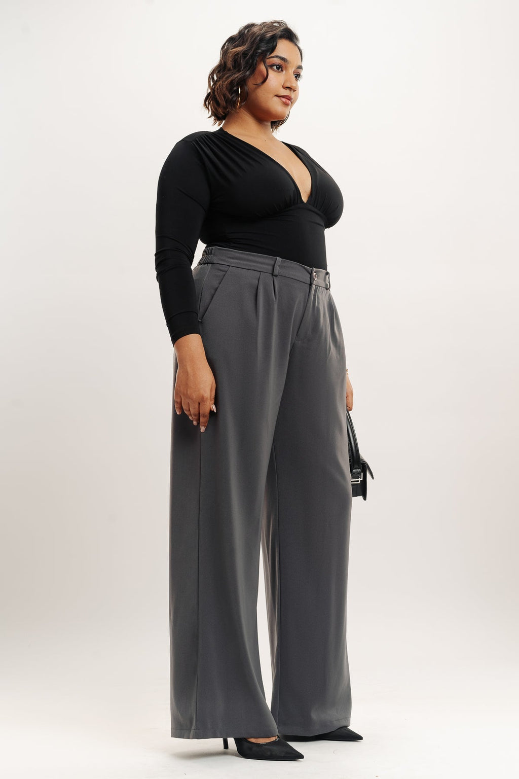 Curve Grey Pleated Wide Korean Pants