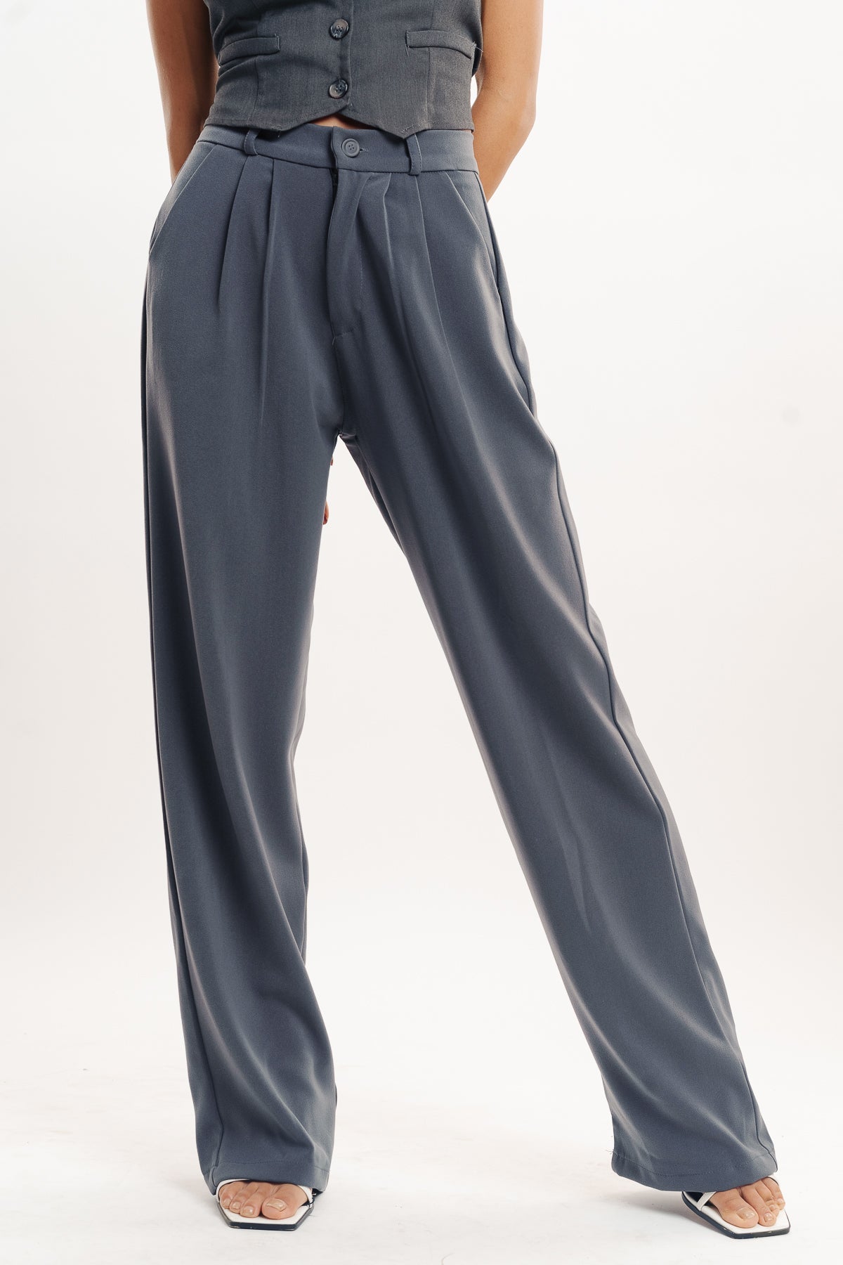 Grey Double Pleated Women's Wide Korean Pants