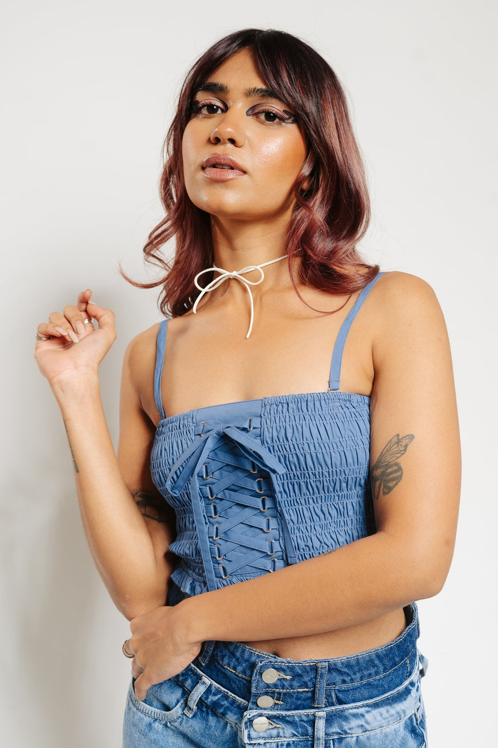 Denim Strap Criss Cross Blouse