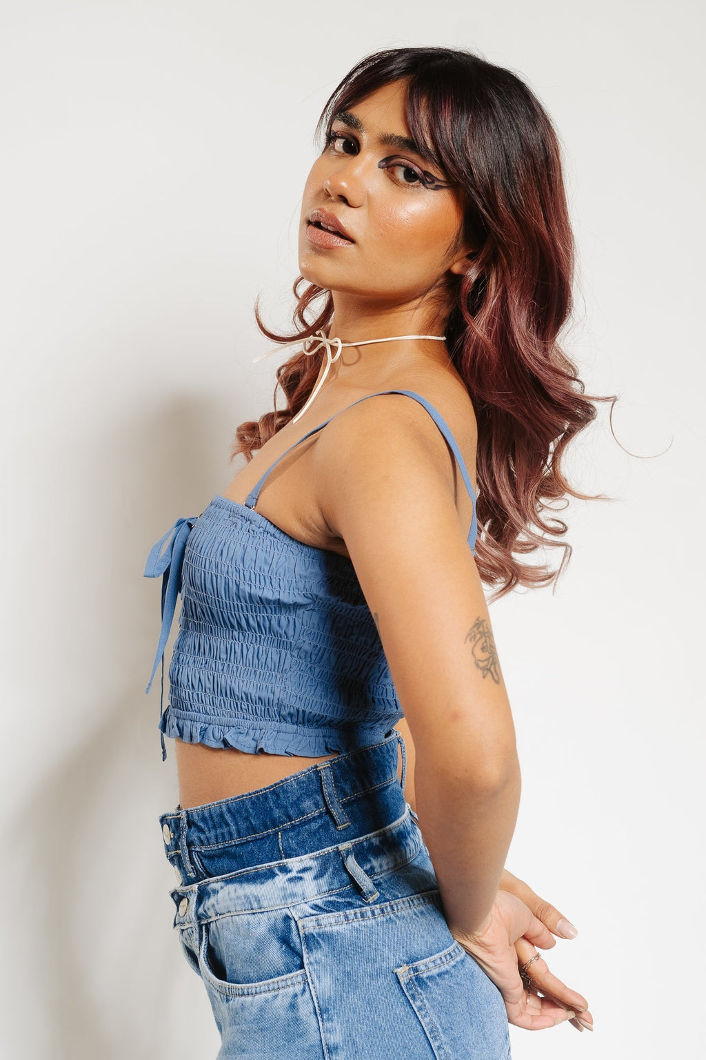 Denim Strap Criss Cross Blouse