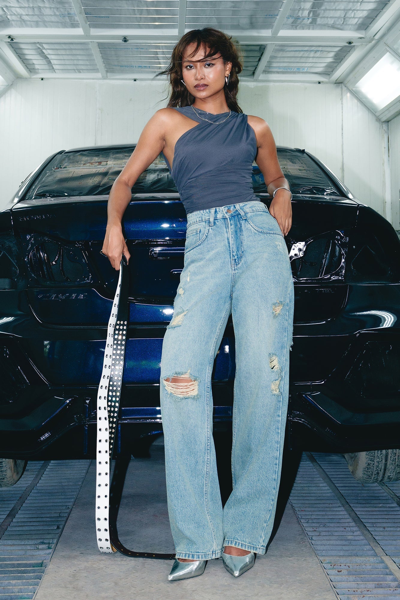 Light Blue Distressed Women's Straight Jeans