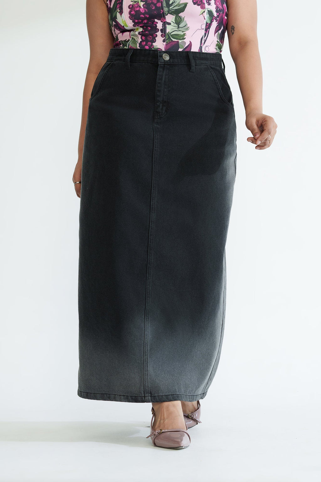 Dark Eclipse Curve Long Straight Denim Skirt
