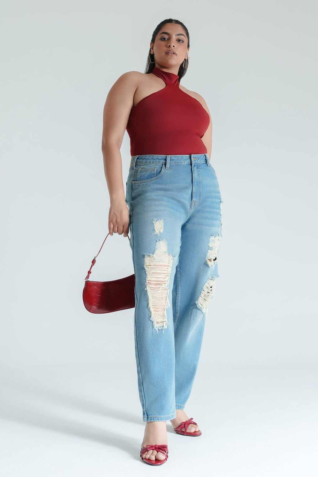 Curve Basic Blue Distressed Mom Jeans