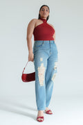 Curve Basic Blue Distressed Mom Jeans