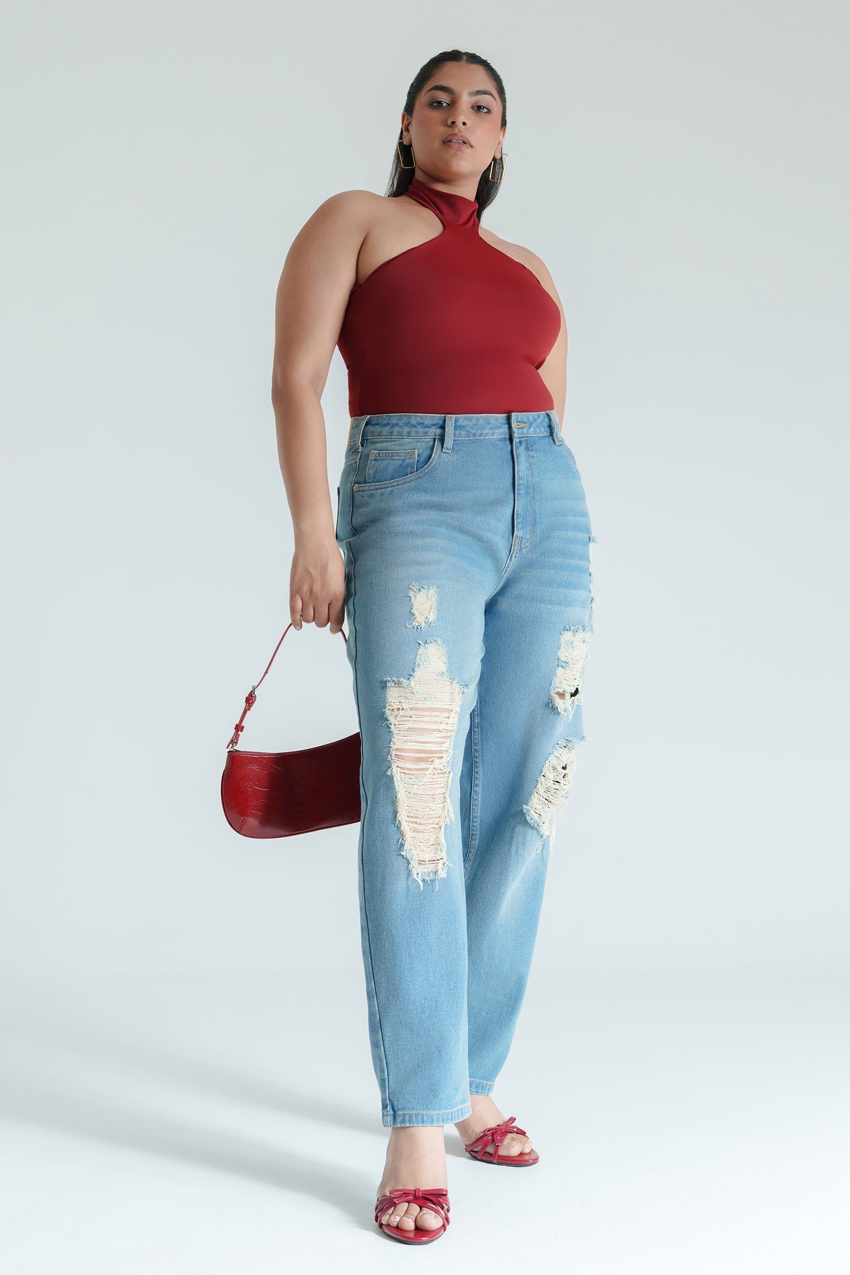 Curve Basic Blue Distressed Mom Jeans