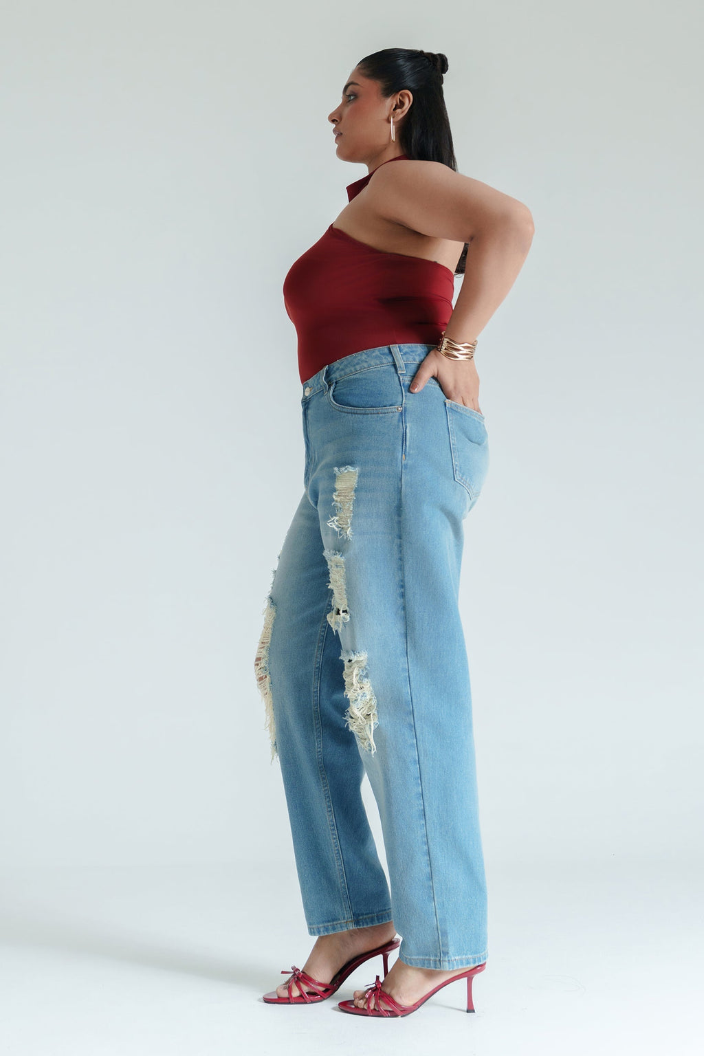 Curve Basic Blue Distressed Mom Jeans