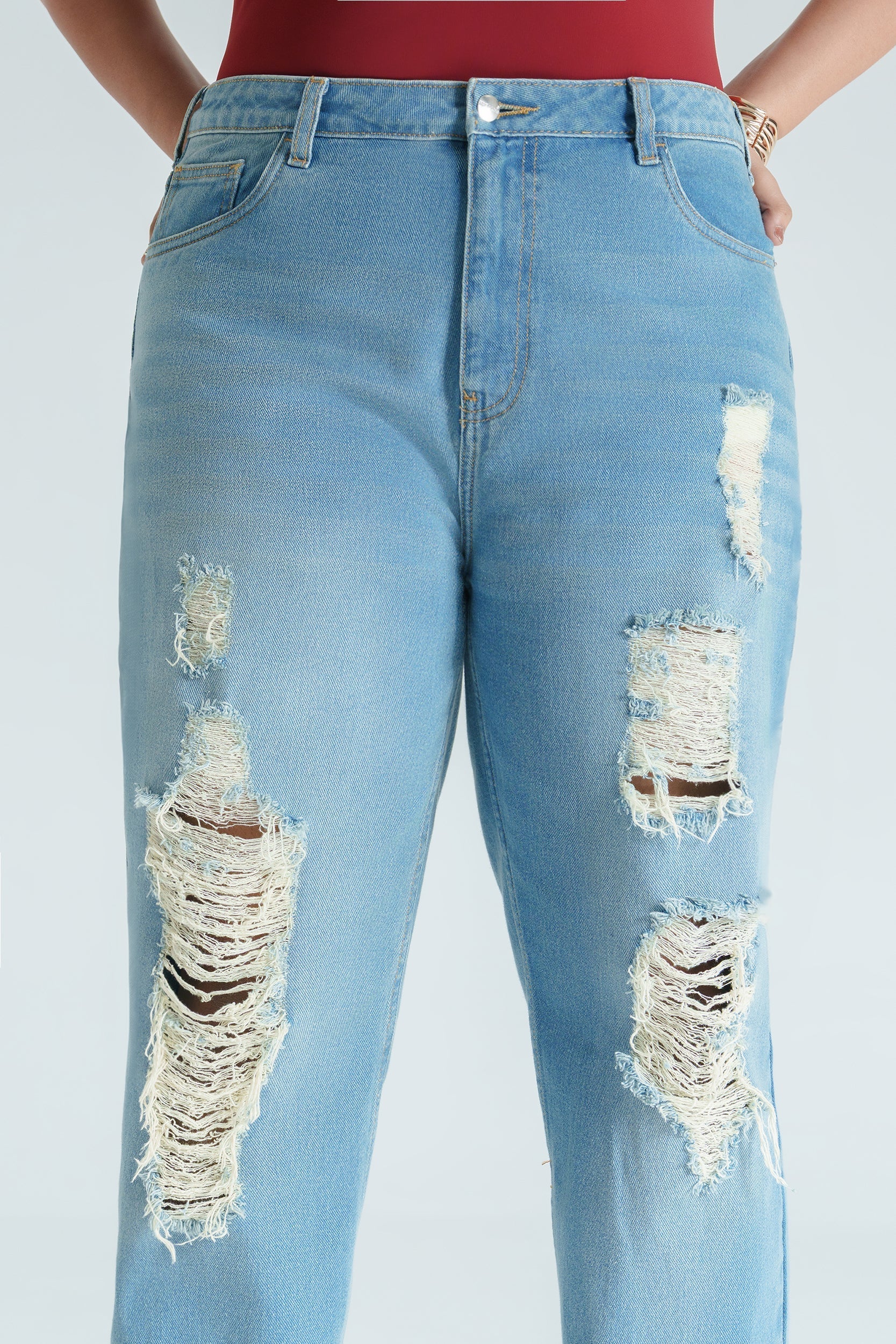 Curve Basic Blue Distressed Mom Jeans