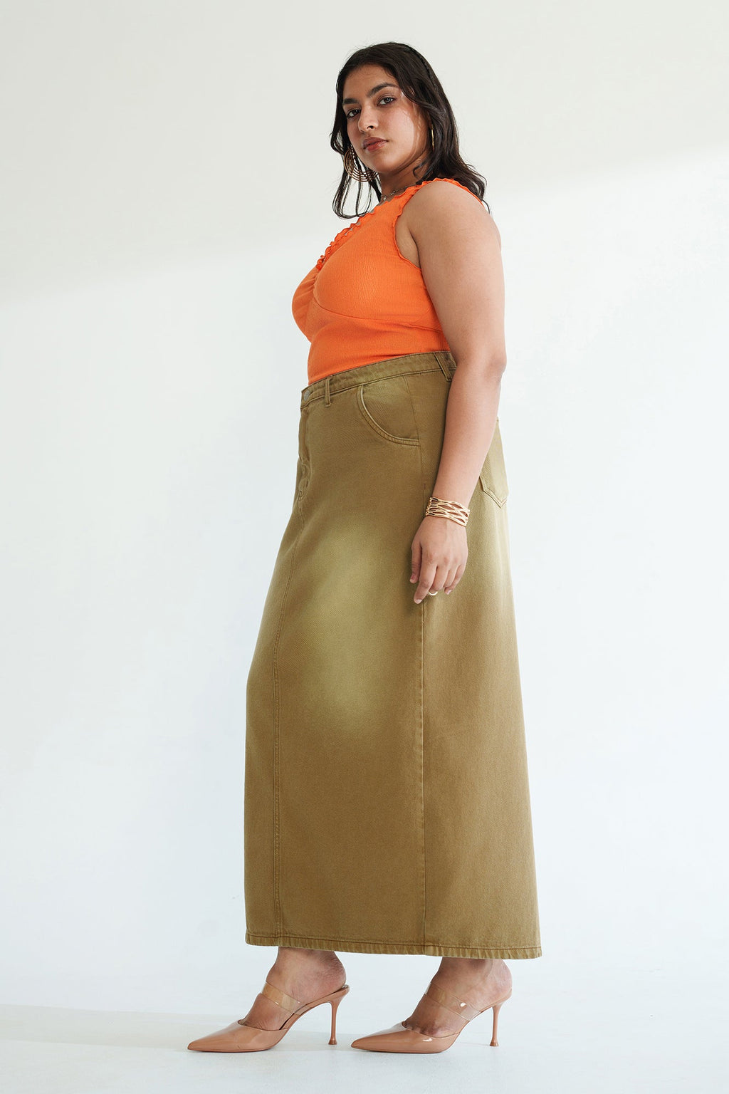 Curve Dark Fawn Long Straight Denim Skirt