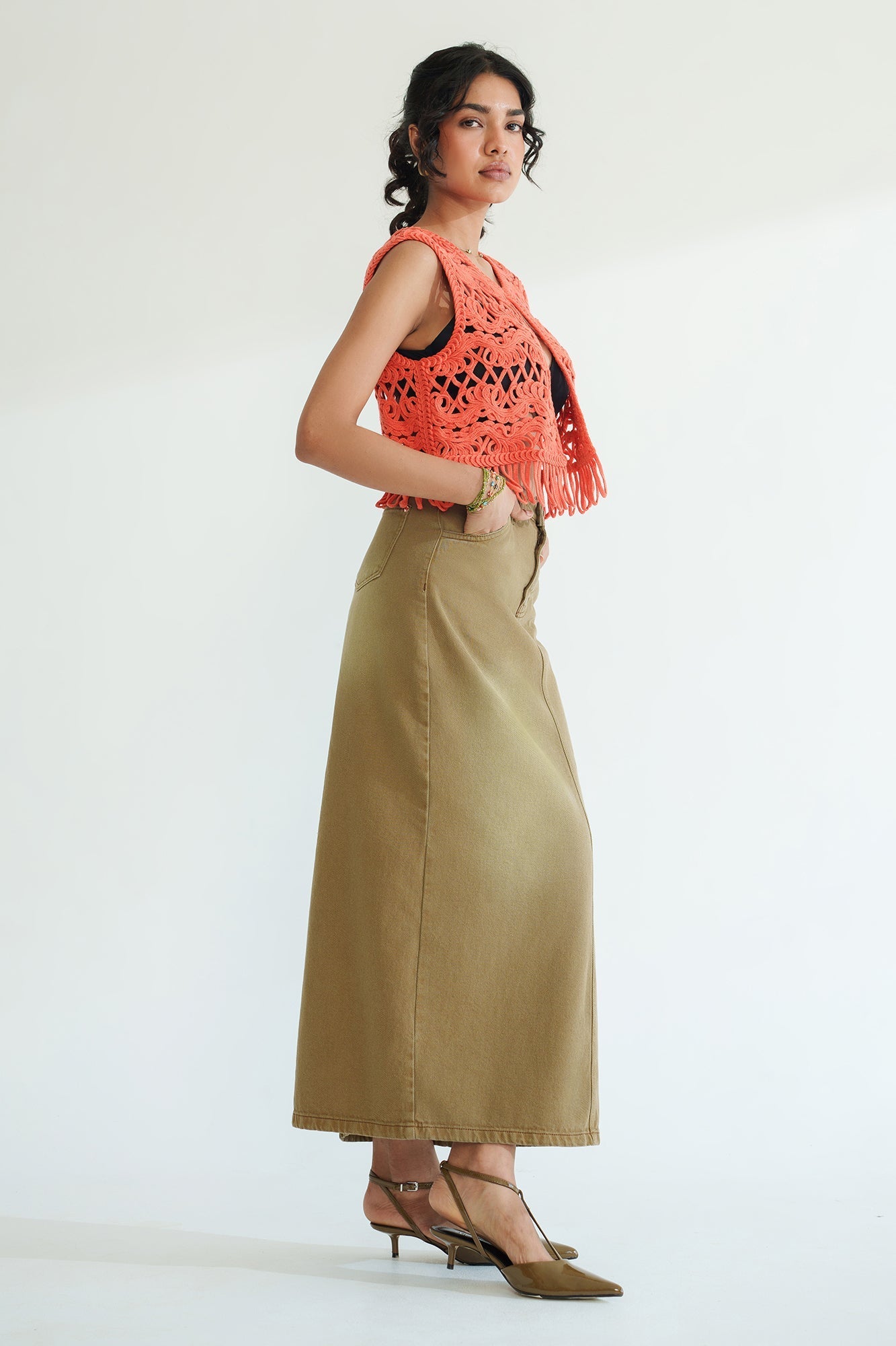 Gold Beige Long Straight Denim Skirt