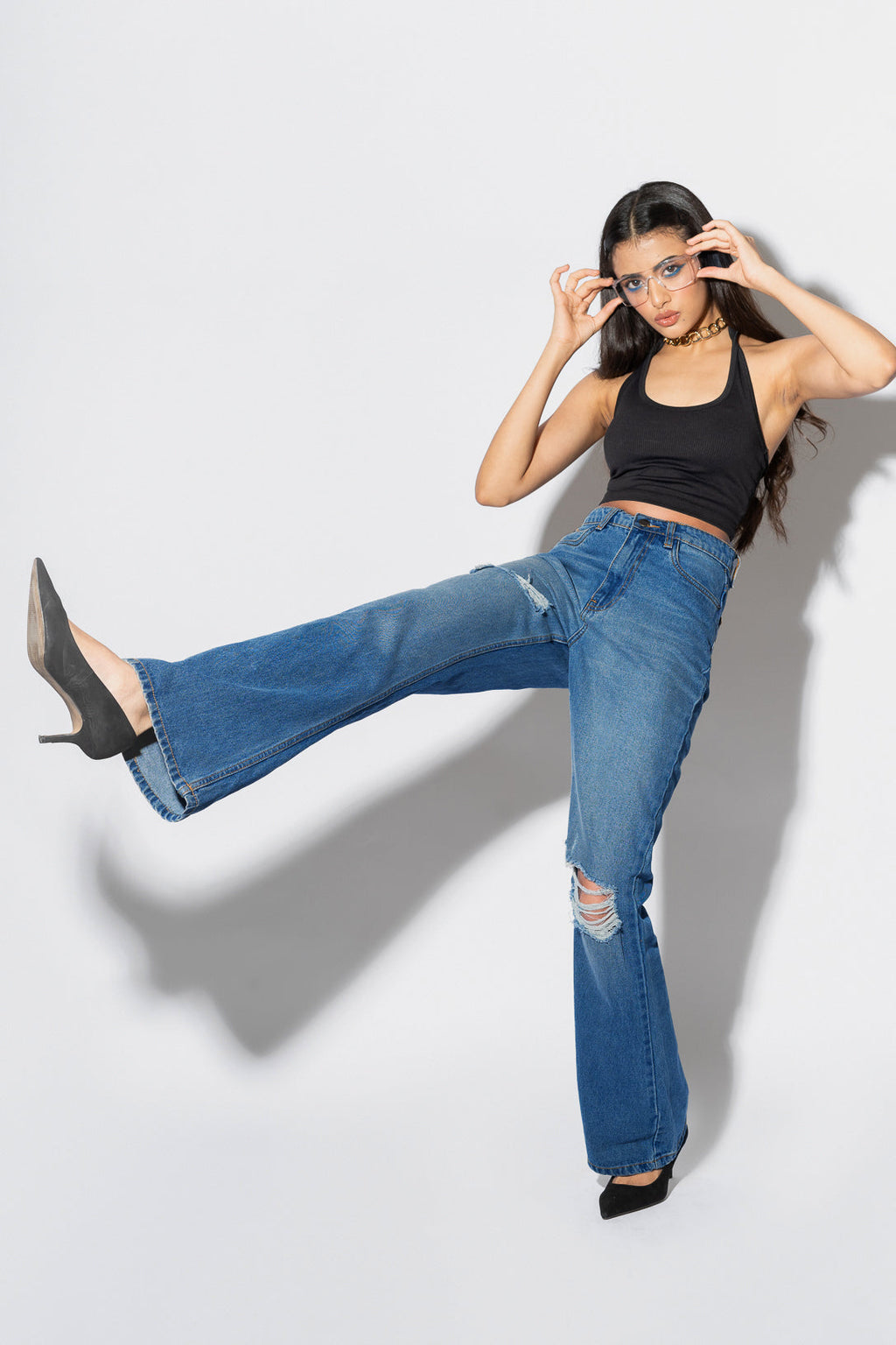 Mid Blue Distress Women's Bootcut Jeans