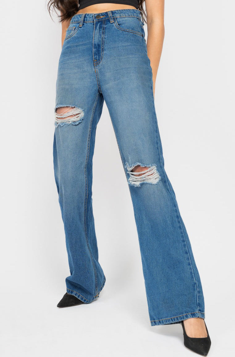 Mid Blue Distress Women's Bootcut Jeans