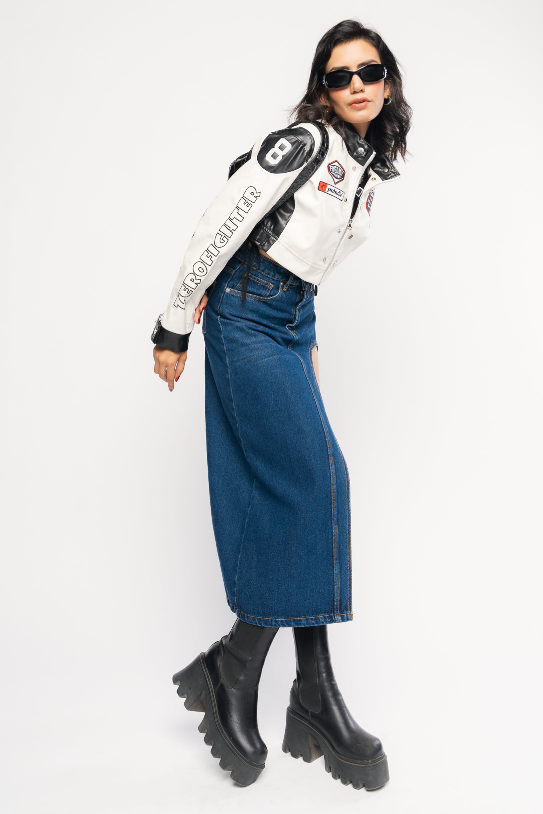 Blue Curved Slit Women's Midi Skirt