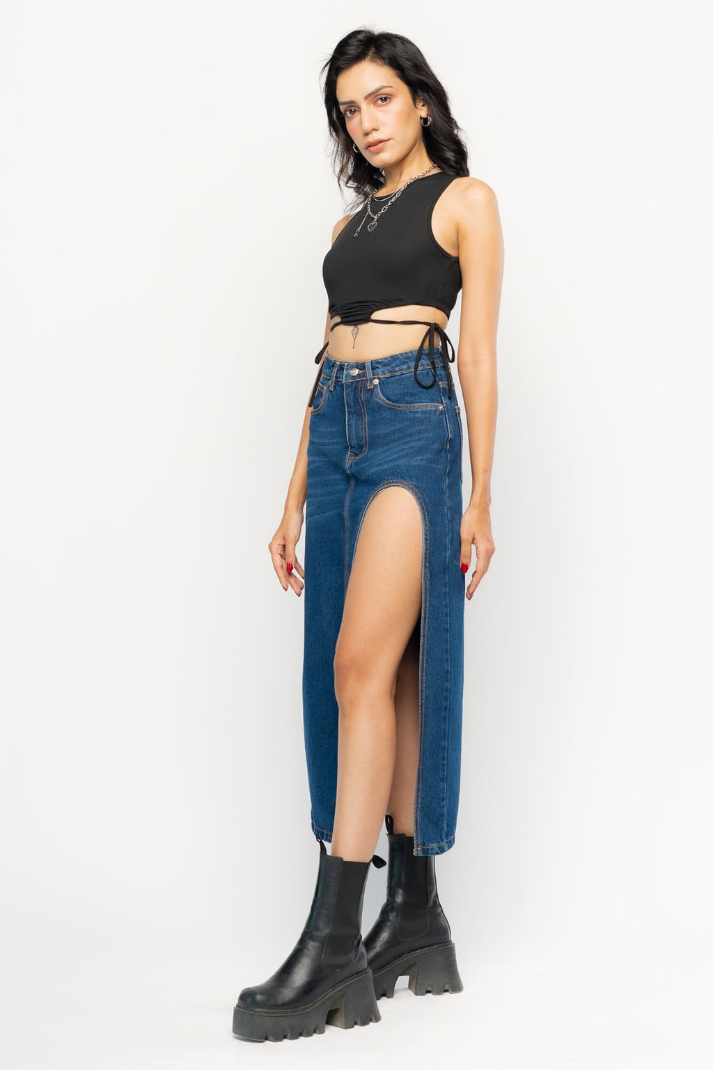 Blue Curved Slit Women's Midi Skirt