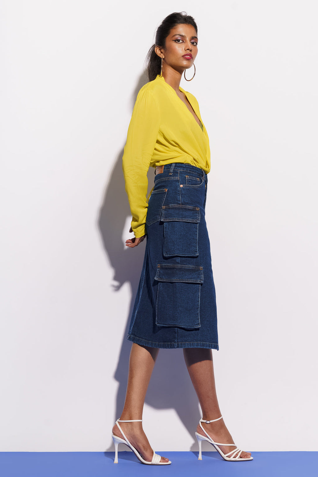 Blue Denim Women's Midi Cargo Bodycon Skirt