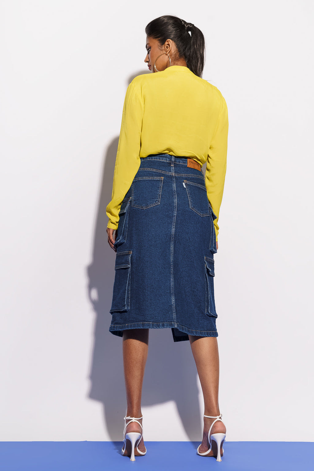 Blue Denim Women's Midi Cargo Bodycon Skirt