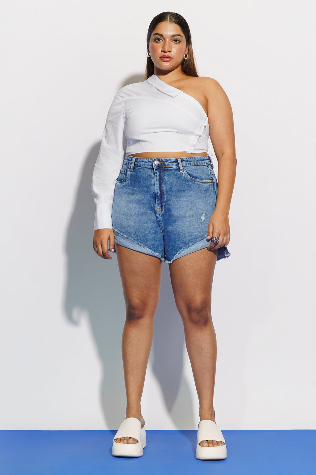 Curve Mid Blue One Turn Up Shorts
