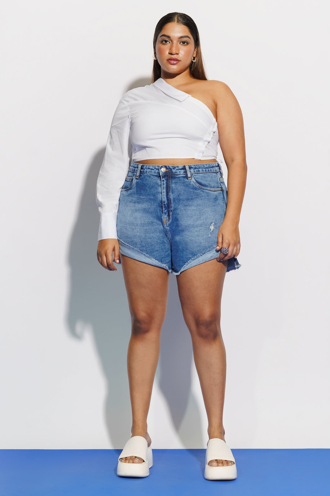 Curve Mid Blue One Turn Up Shorts
