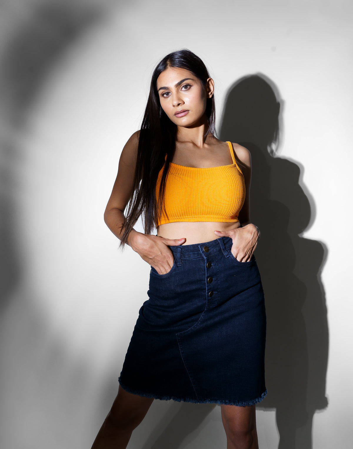 Frayed Denim Straight Skirt
