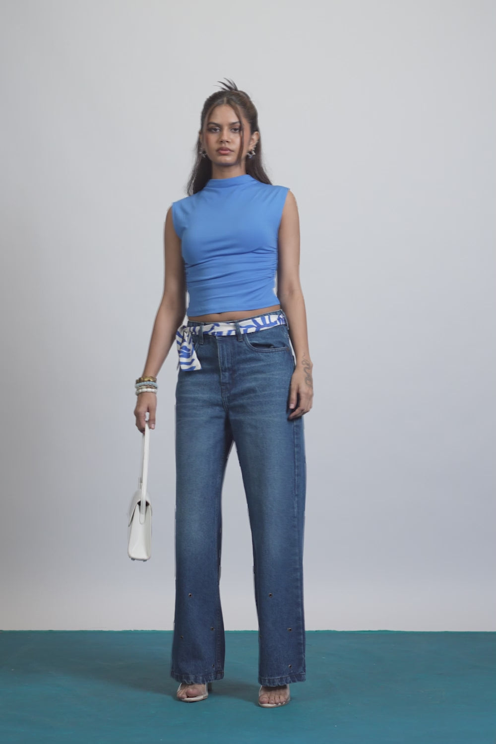 Indigo Eyelet Detail Women's Wide Jeans