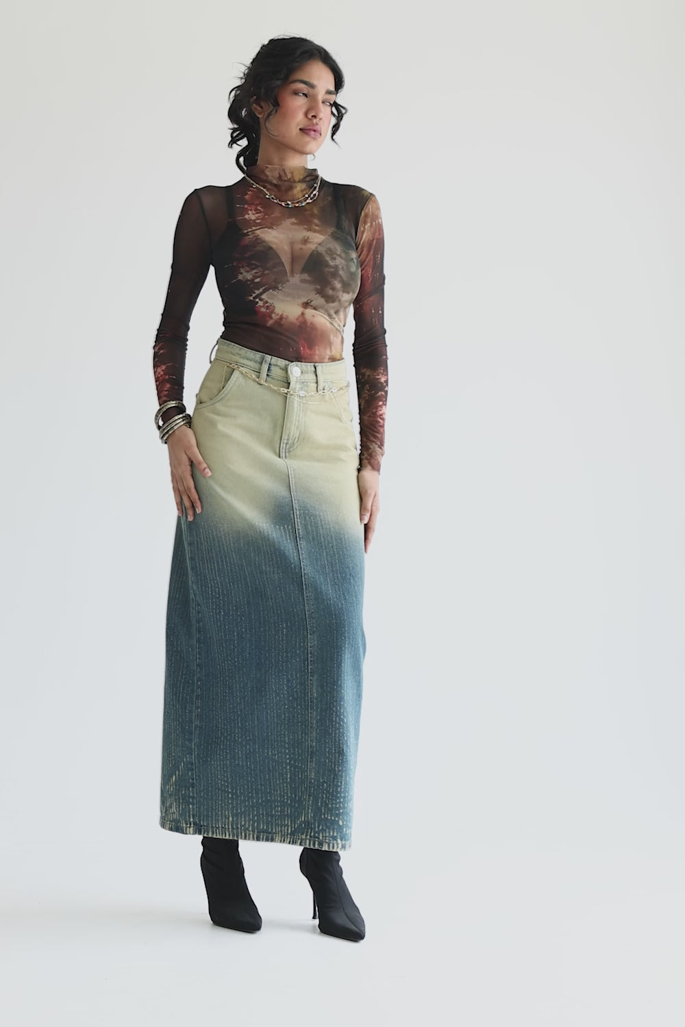 Sunfade Long Straight Denim Skirt