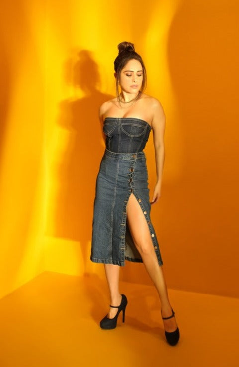 Blue Button Up Women's Bodycon Skirt