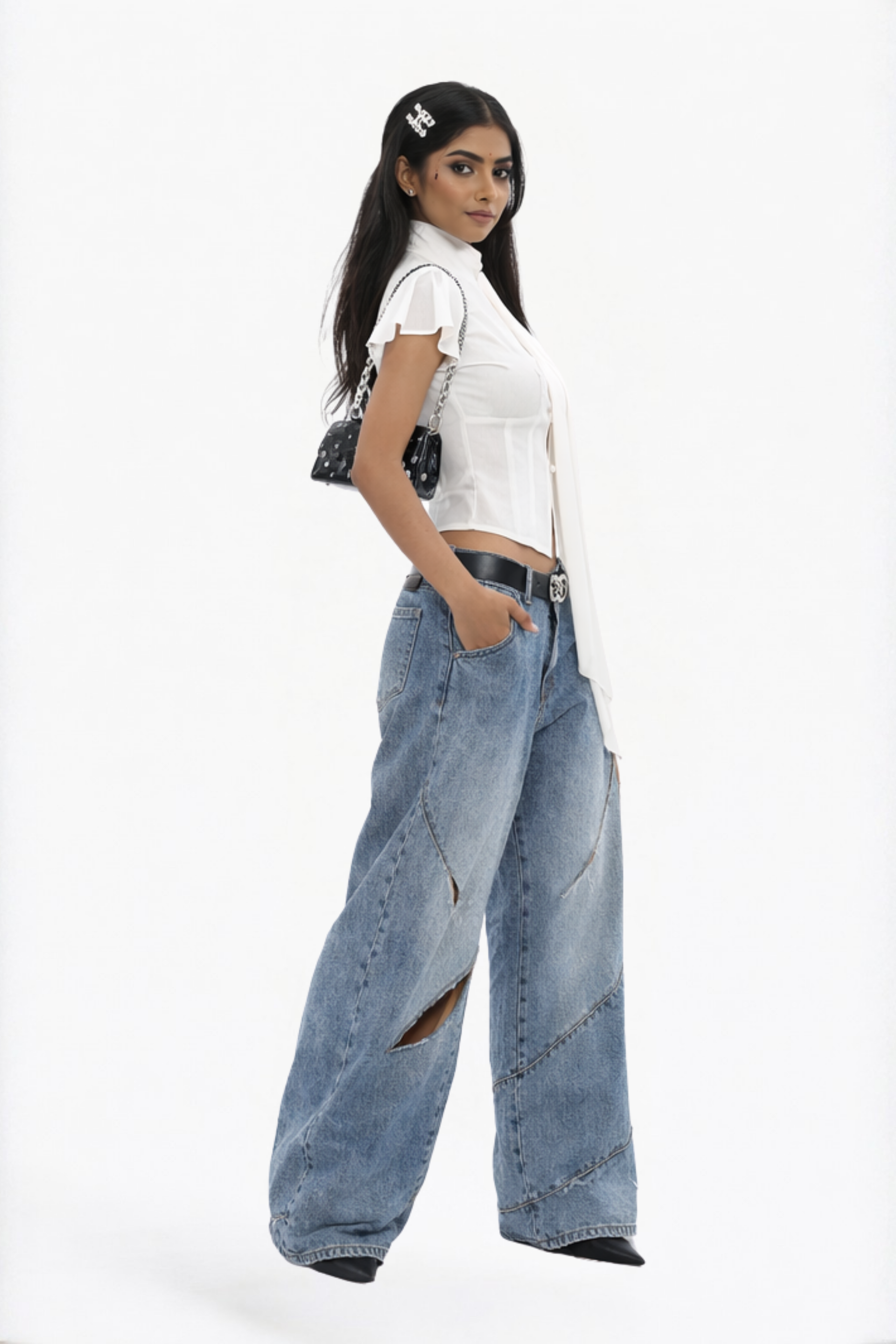 White Solid Keyhole Tie-Neck Blouse