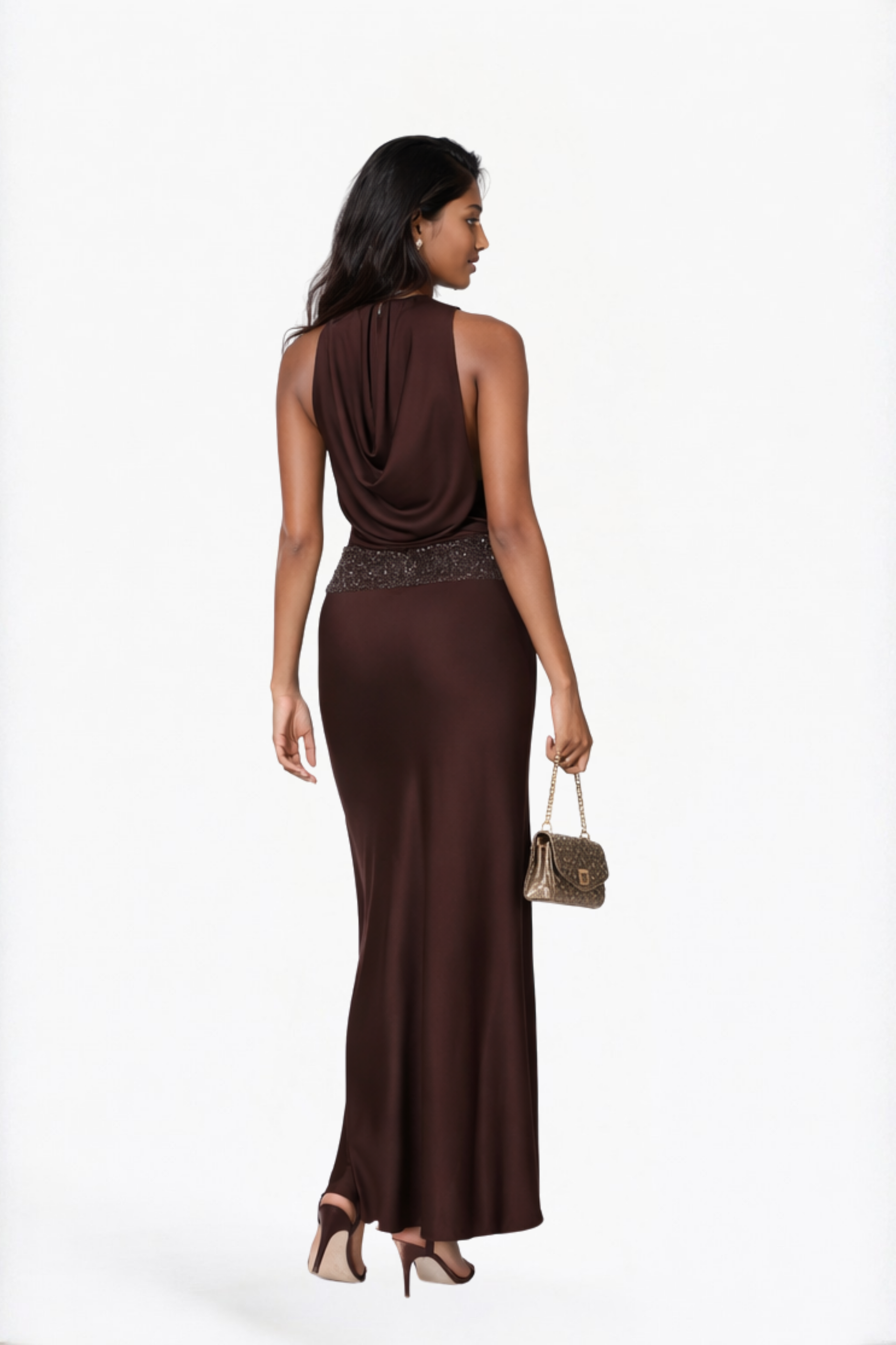 Chocolate Solid Cowl Neck Maxi Dress