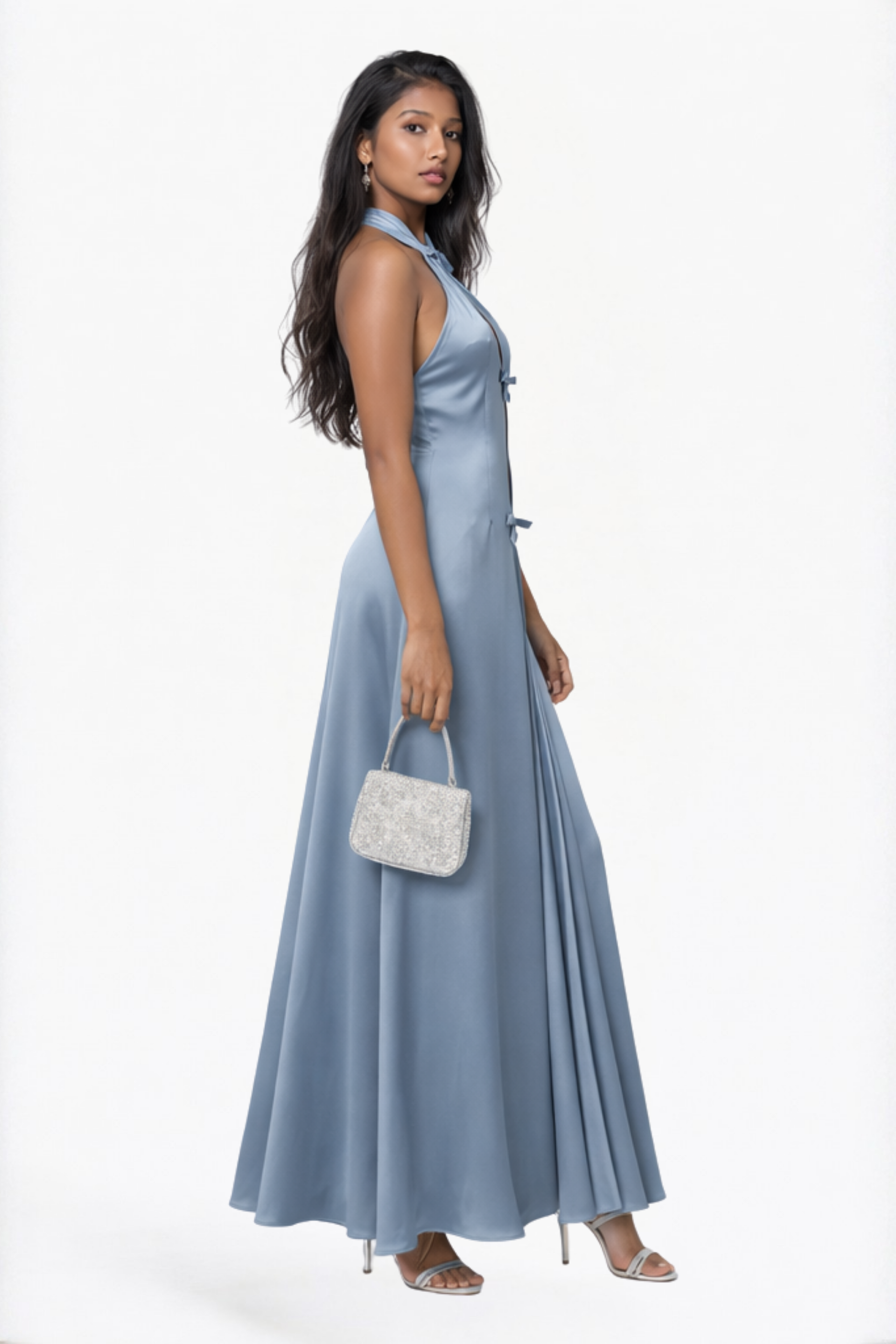 Steel Blue Solid Bow Detail Halter Maxi Dress