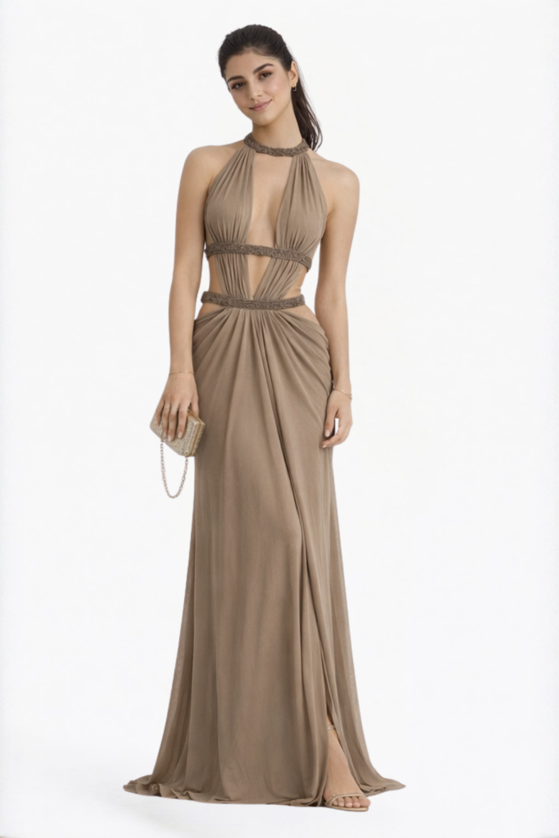 Taupe Solid Multi-Strap Cut-Out Maxi Dress