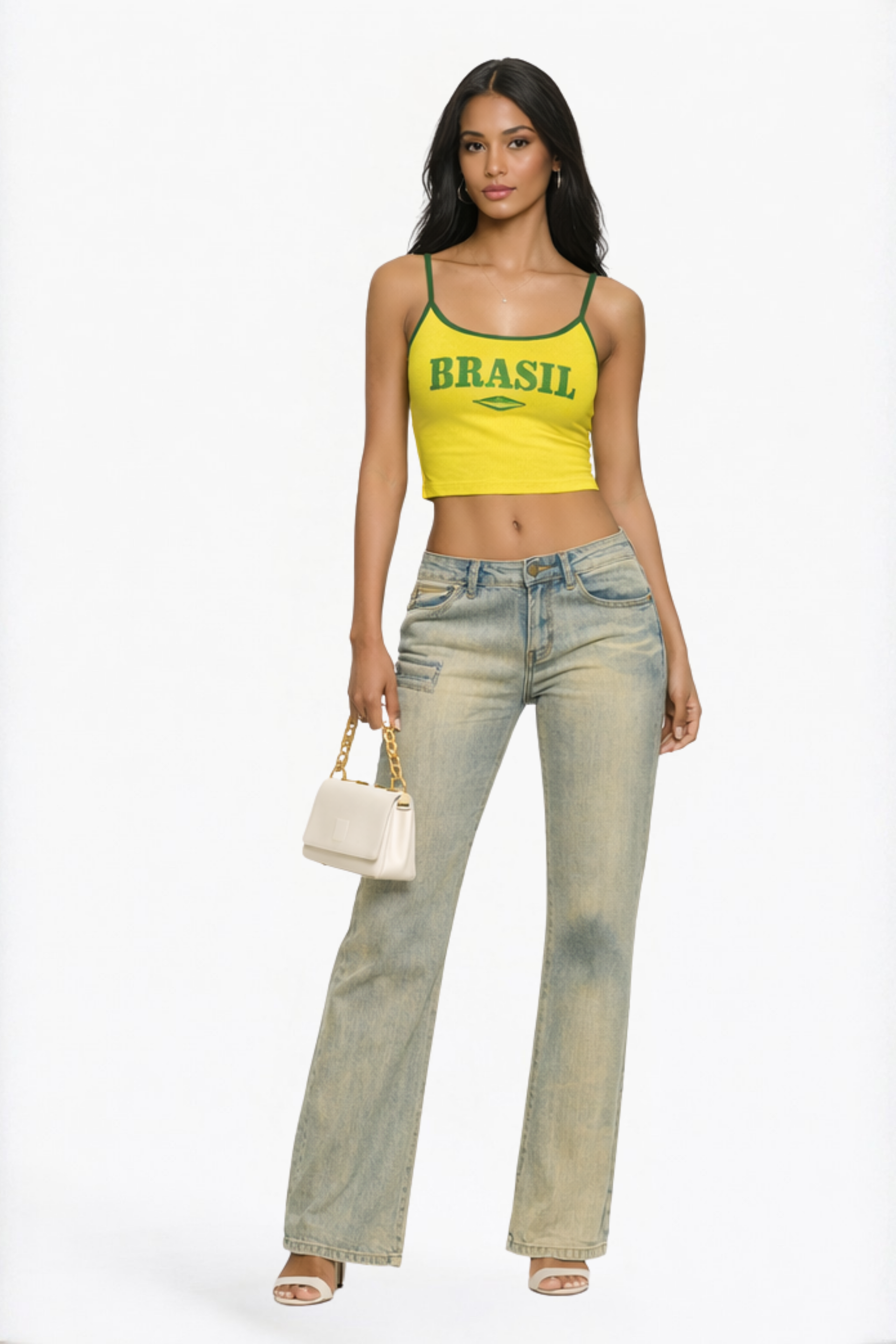 Yellow Brasil Graphic Contrast Trim Crop Top