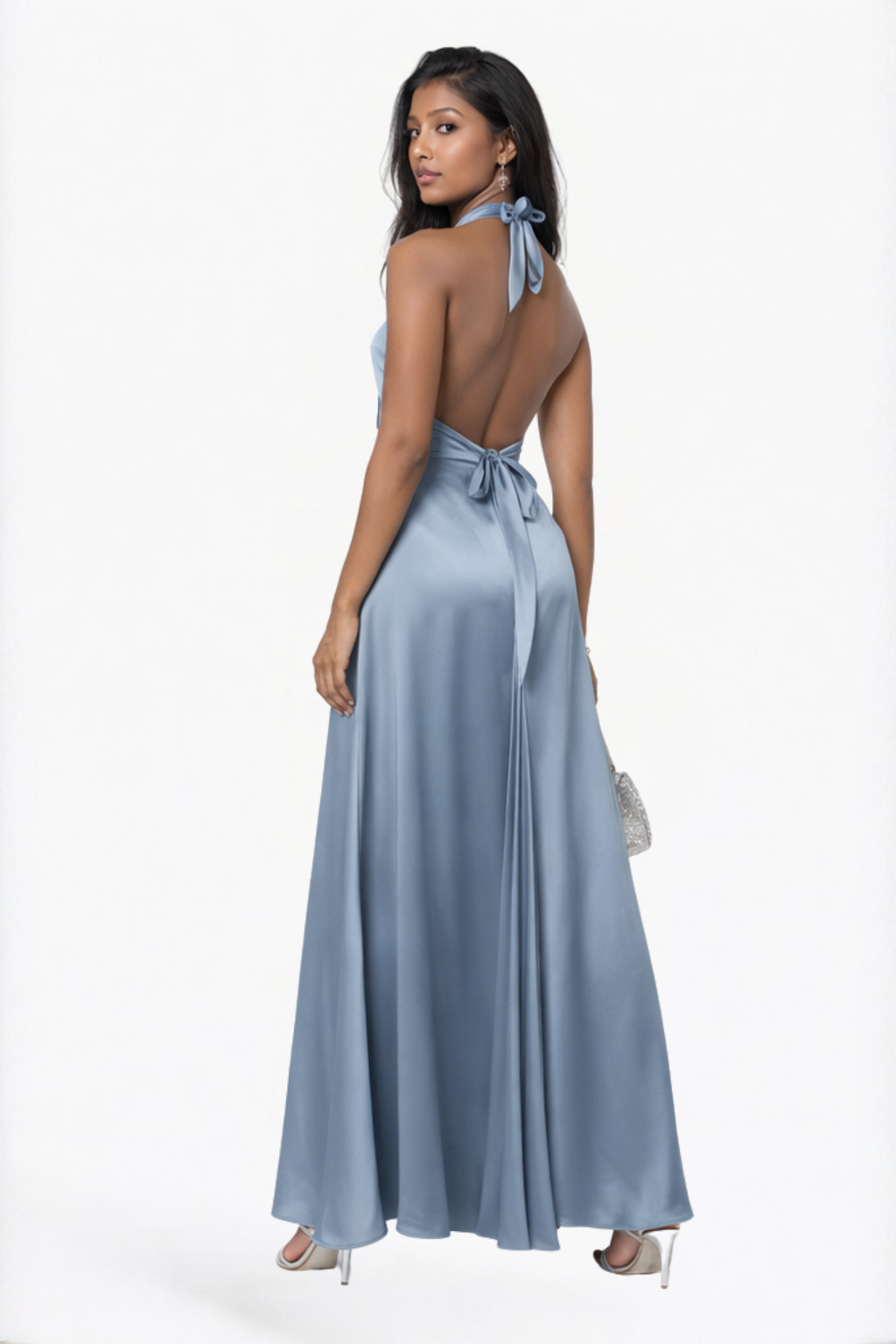 Steel Blue Solid Bow Detail Halter Maxi Dress