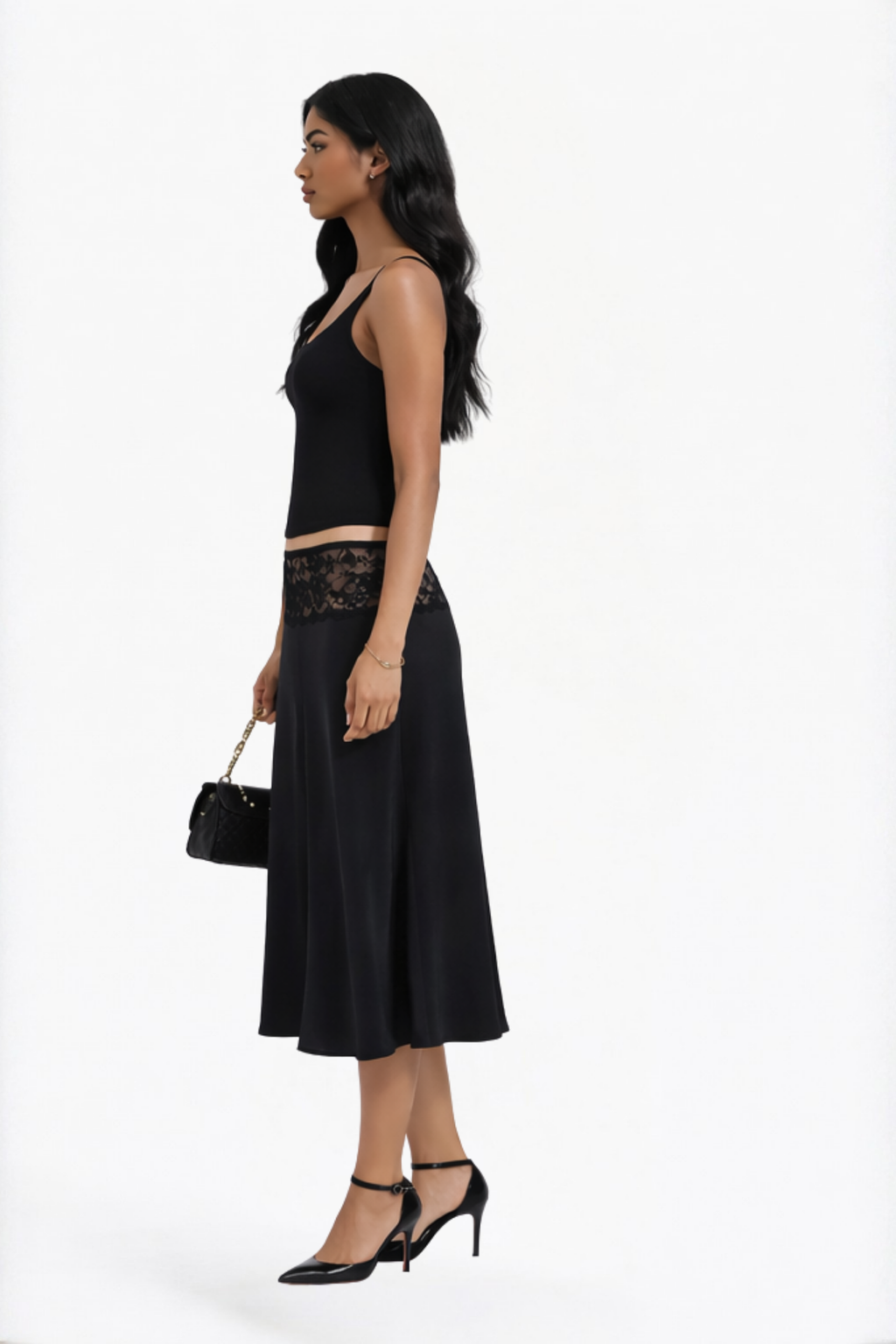Black Solid Lace Waist Skirt