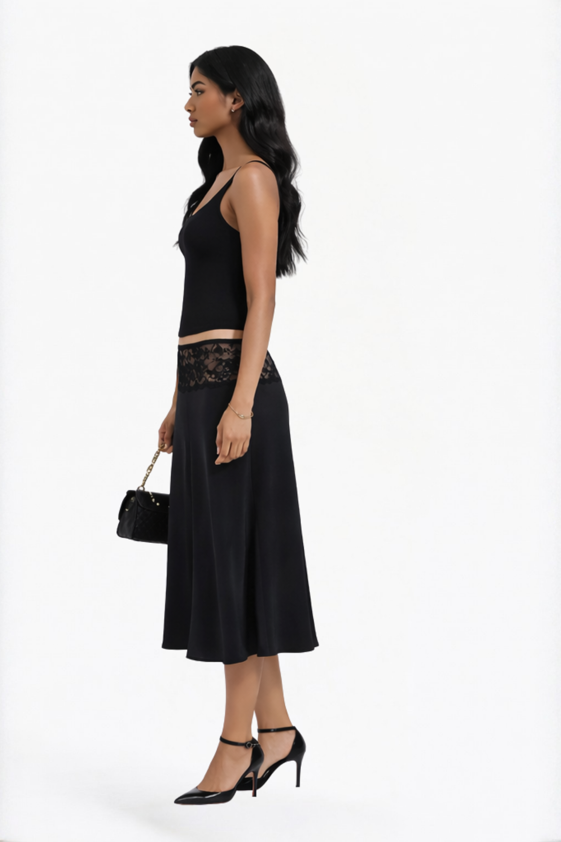 Black Solid Lace Waist Skirt