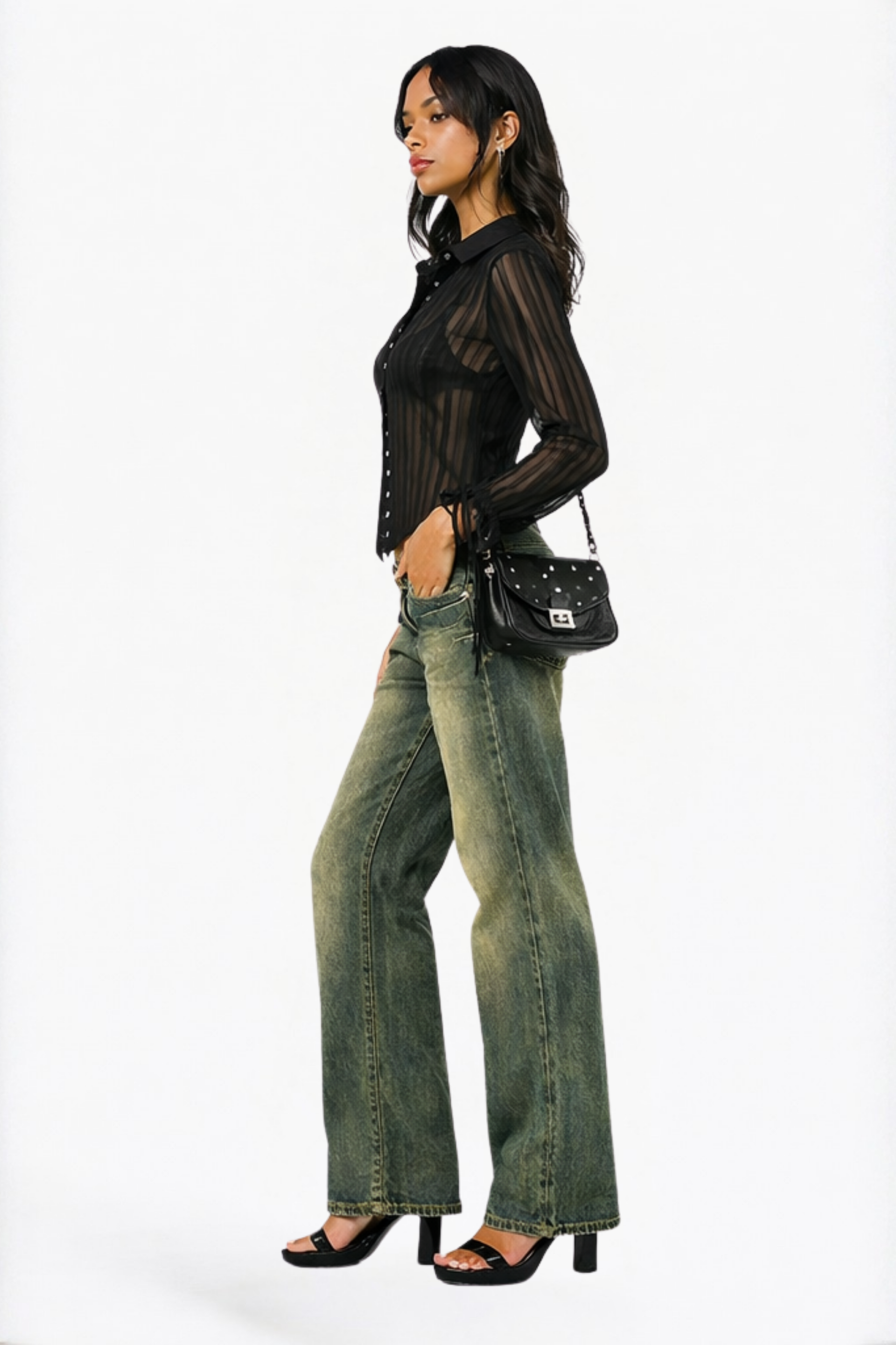 Black Striped Sheer Button-Up Shirt Blouse