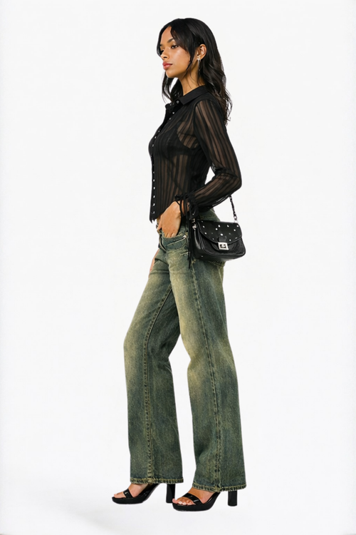 Black Striped Sheer Button-Up Shirt Blouse